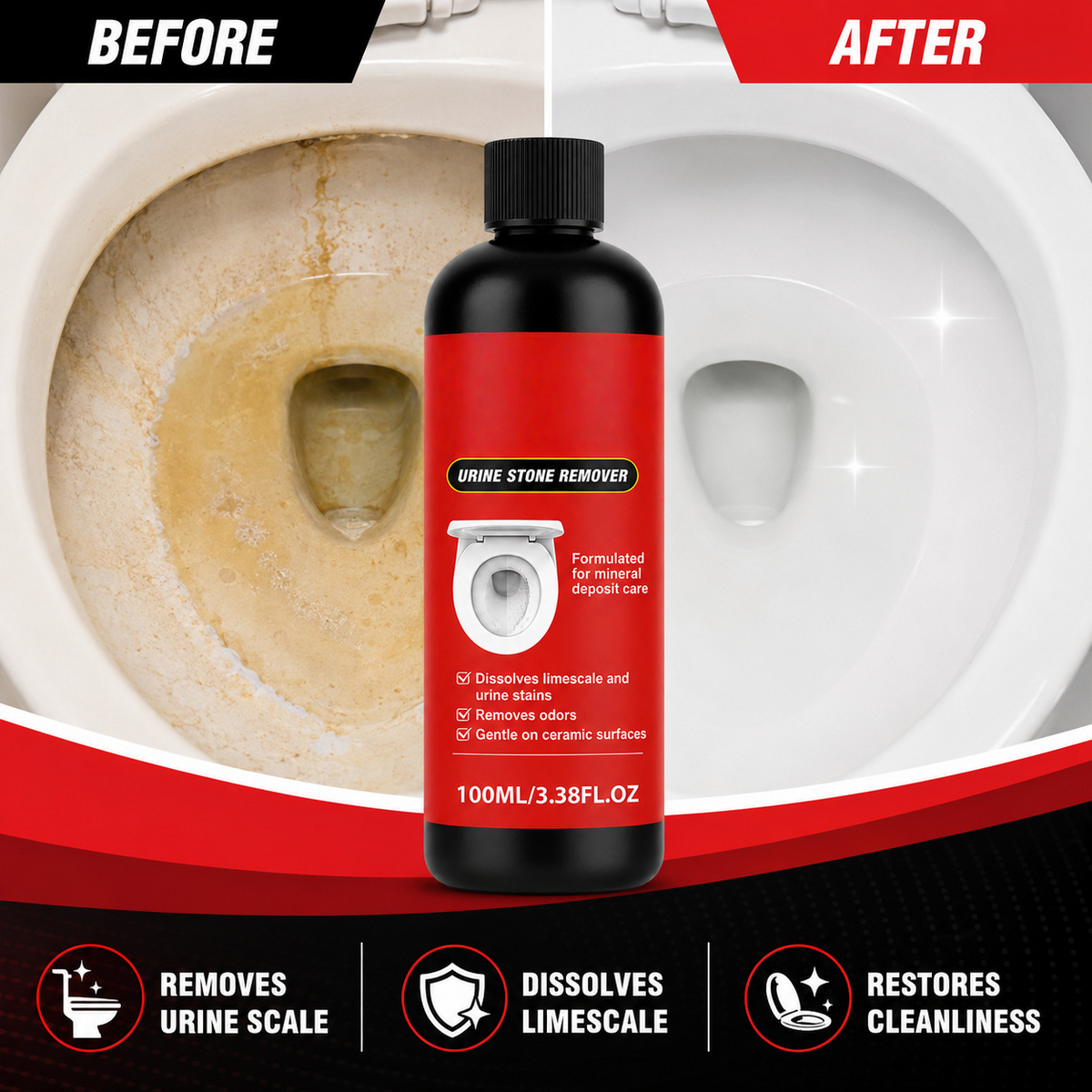 ✨🧪 Powerful Toilet Cleaner | Effortlessly removes years of urine stains and limescale—no strenuous scrubbing required.