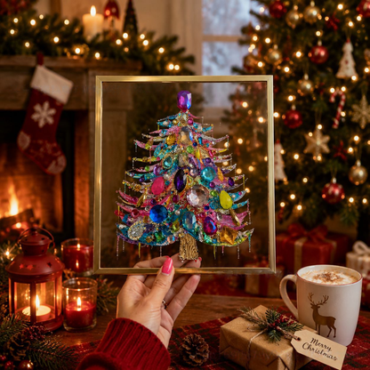 🎄 DIY Jeweled Christmas Tree Art Kit | Colorful Gems, Pearls, Paints & Gold-Tone Floating Display Frame 💎✨