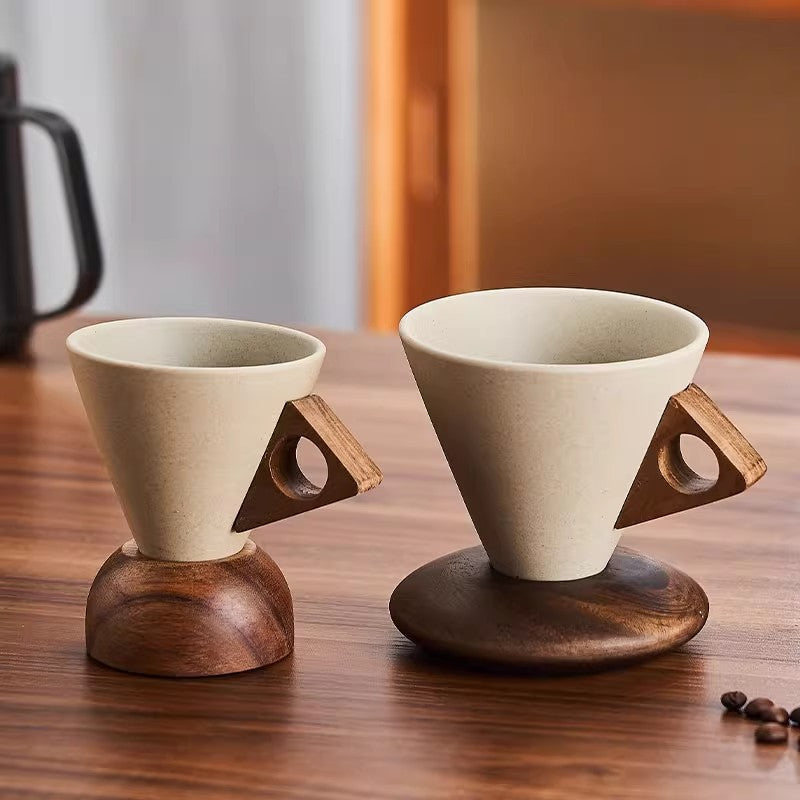 ☕ Handmade Ceramic Pour Over Coffee Dripper with Wooden Handle & Base