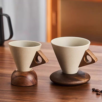 ☕ Handmade Ceramic Pour Over Coffee Dripper with Wooden Handle & Base