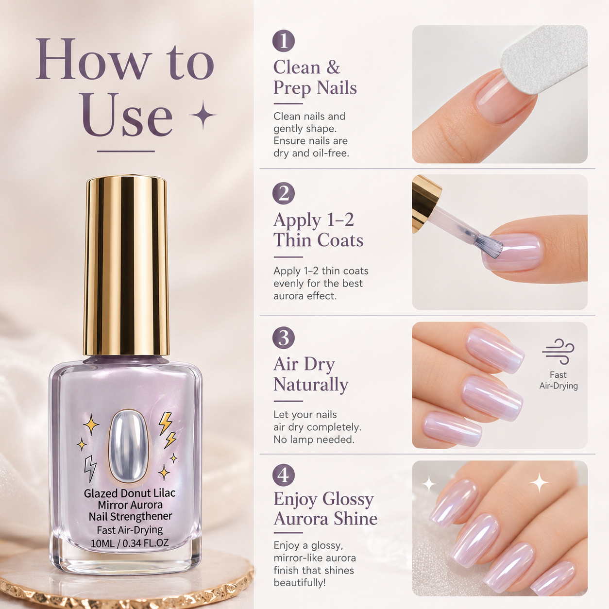 ✨ Glazed Donut Lilac Mirror‑Aurora Nail Strengthener Nail Polish (10ml)