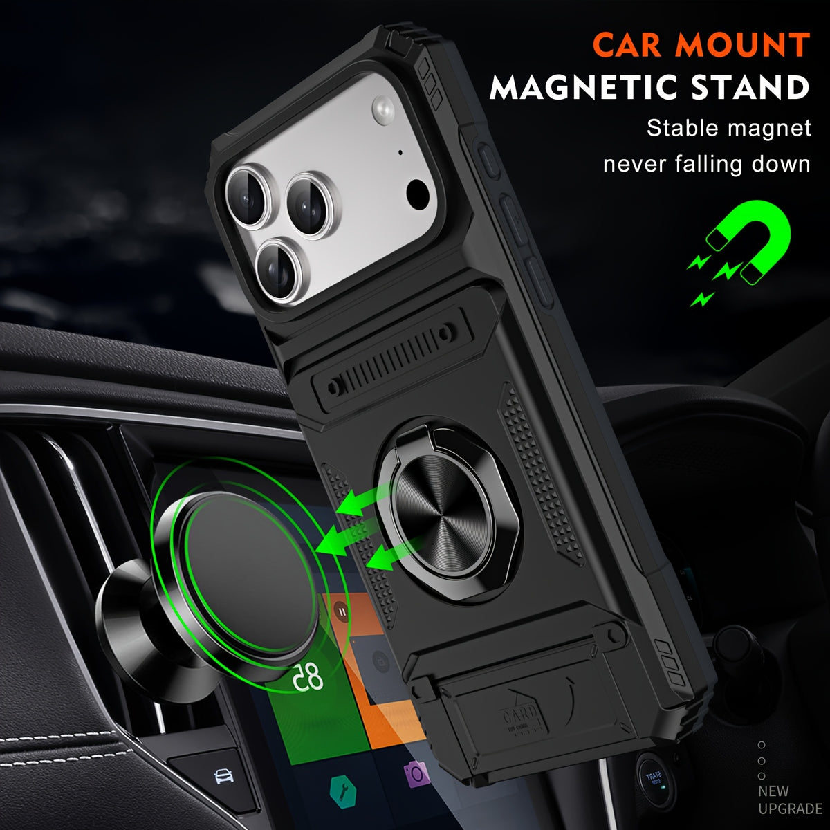 Card Holder Heavy Duty Protective Case with Ring Magnetic Kickstand Phone Cover