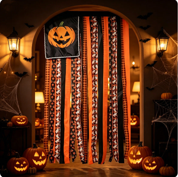 🎃 Halloween Pumpkin Streamer Door Banner | Ghost & Plaid Fabric Hanging Curtain, Spooky Porch Entryway Decor for Halloween Party