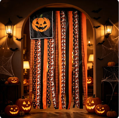 🎃 Halloween Pumpkin Streamer Door Banner | Ghost & Plaid Fabric Hanging Curtain, Spooky Porch Entryway Decor for Halloween Party
