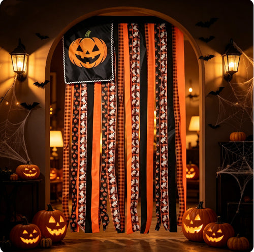 🎃 Halloween Pumpkin Streamer Door Banner | Ghost & Plaid Fabric Hanging Curtain, Spooky Porch Entryway Decor for Halloween Party