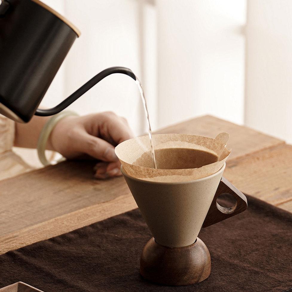 ☕ Handmade Ceramic Pour Over Coffee Dripper with Wooden Handle & Base