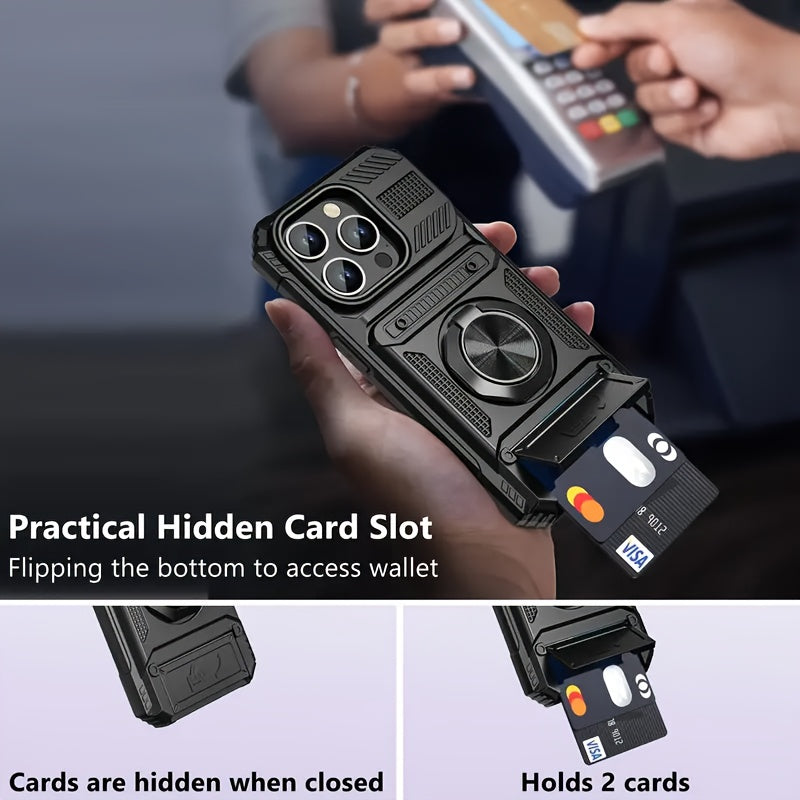 Card Holder Heavy Duty Protective Case with Ring Magnetic Kickstand Phone Cover