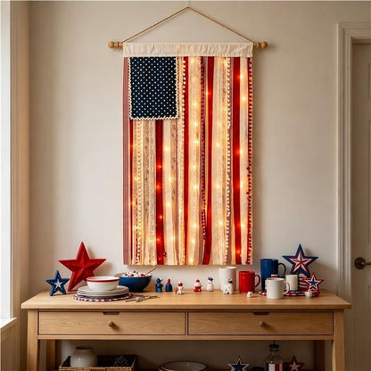 Light-Up American Flag Ribbon Wall Hanging