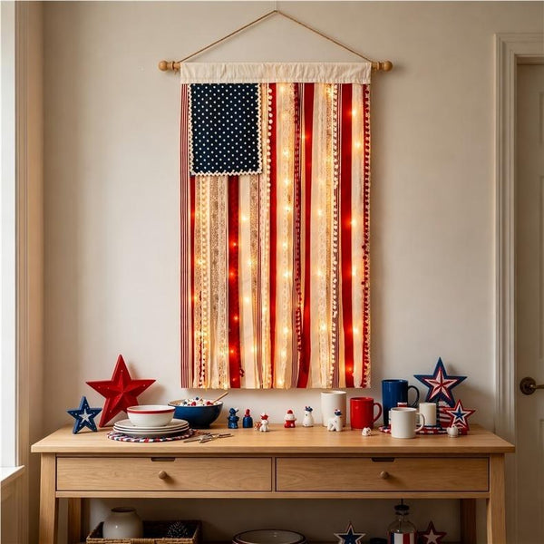 Light-Up American Flag Ribbon Wall Hanging
