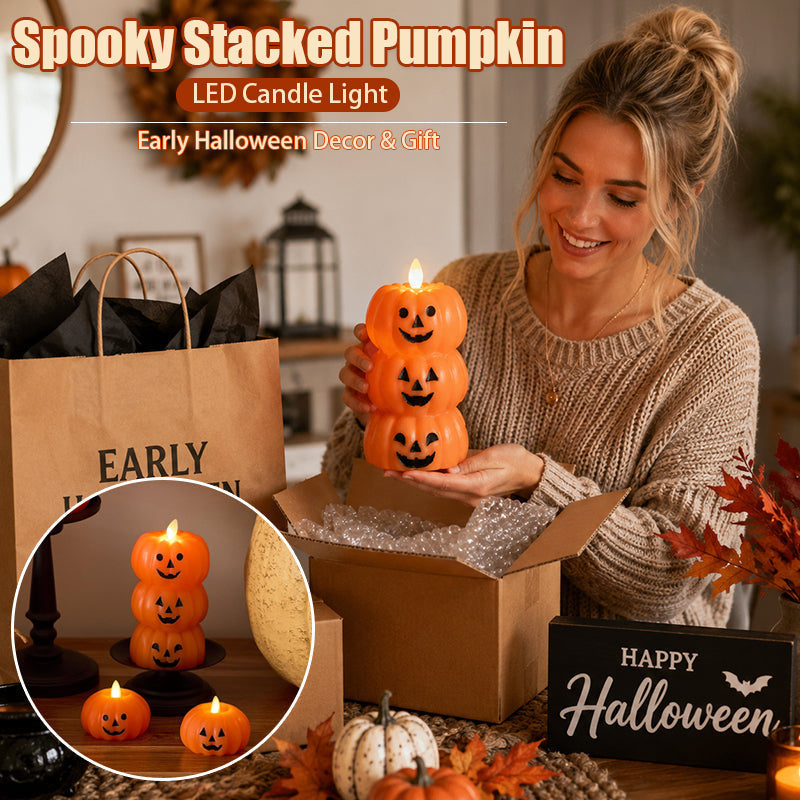 🎃 Safe Flameless Stacked Pumpkin Candle – Halloween LED Decor with Moving Flame & Smiling Faces