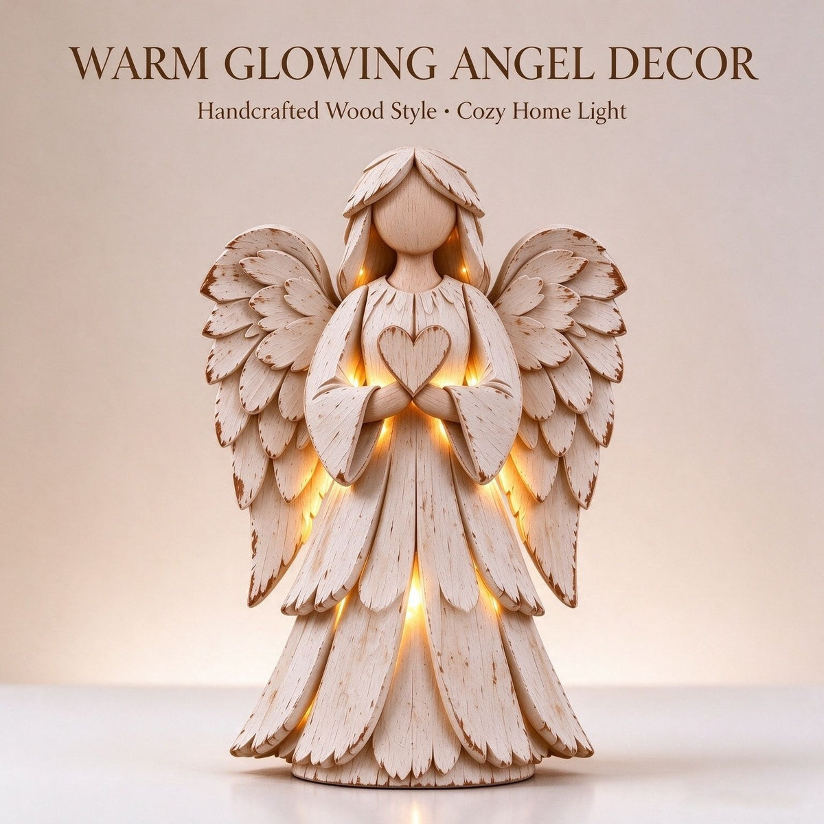 🕊️ Rustic Wood-Style Angel Figurine With Warm Ambient Light