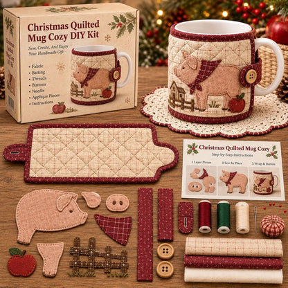 🎄Christmas Quilted Mug Cozy DIY Sewing Kit, Handmade Cup Sleeve Craft Set for Holiday Gift, Beginner Embroidery Sewing Project
