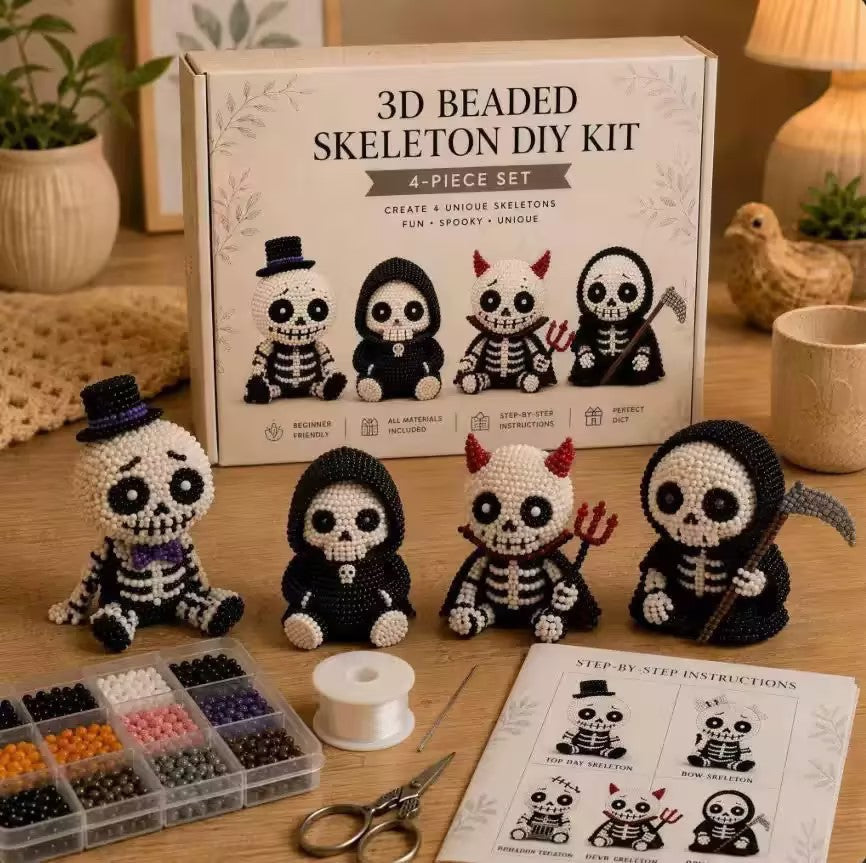 🧵 3D Beaded Skeleton DIY Kit – 4 Unique Styles (Pirate, Reaper, Egyptian & Gothic) with All Materials, Perfect Craft Gift for Kids & Adults