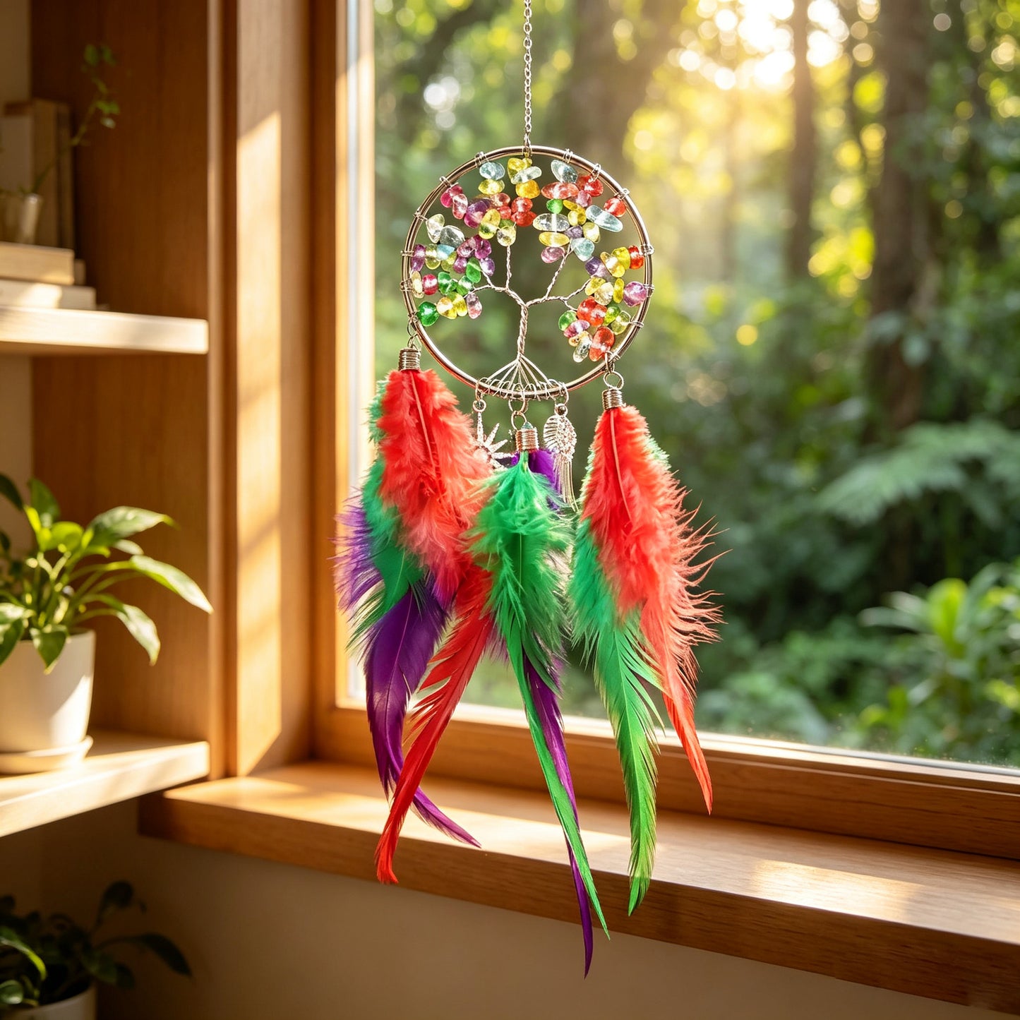 Crystal Tree ofLife Feather Hangin IColorful Boho Window &Wall Decor