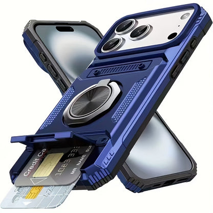 Card Holder Heavy Duty Protective Case with Ring Magnetic Kickstand Phone Cover