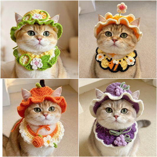 🐱 Handmade Knitted Pet Hat and Collar Set – Cute Fruit-Animal Designs