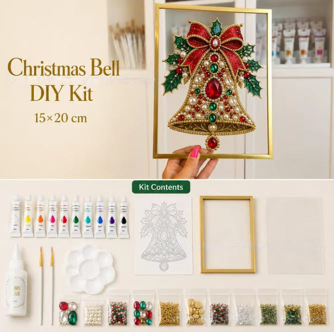🎄 DIY Jeweled Christmas Tree Art Kit | Colorful Gems, Pearls, Paints & Gold-Tone Floating Display Frame 💎✨