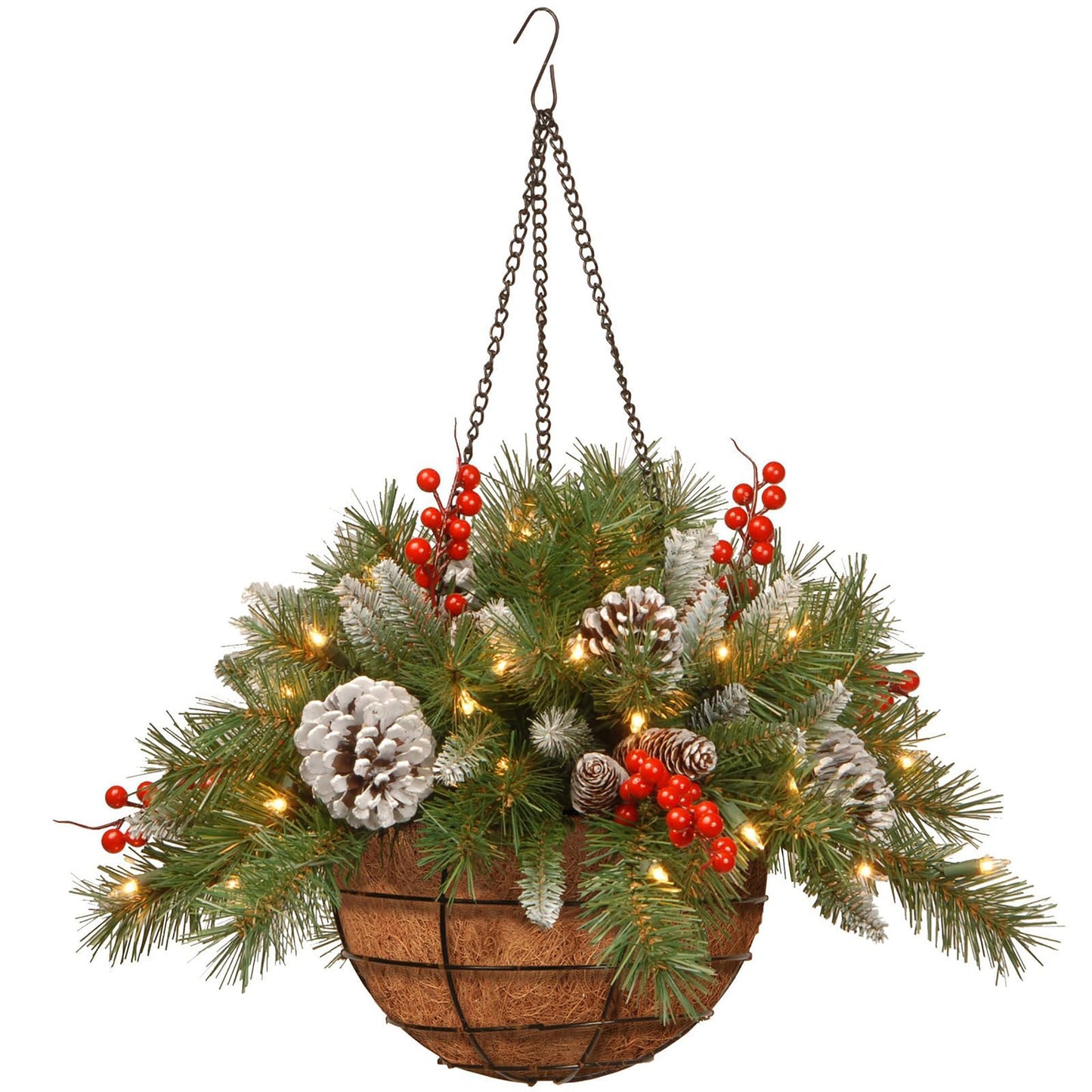 🧺 Christmas Hanging Basket – Frosted Pine, Cones & Berries with Metal Hook