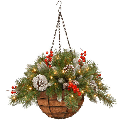 🧺 Christmas Hanging Basket – Frosted Pine, Cones & Berries with Metal Hook
