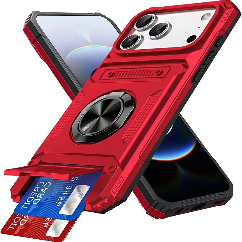 Card Holder Heavy Duty Protective Case with Ring Magnetic Kickstand Phone Cover