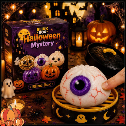 🎃 Halloween Mystery Blind Box – Cute Dumpling Squishy Toy with Mini Steamer Box, 5 Spooky Designs to Collect, Slow Rising Stress Relief