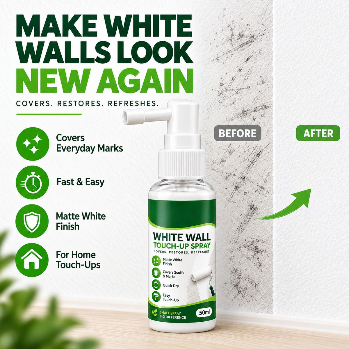 ✨White Wall Repair Spray – Suitable for household wall stains, scratches, and small nail holes.