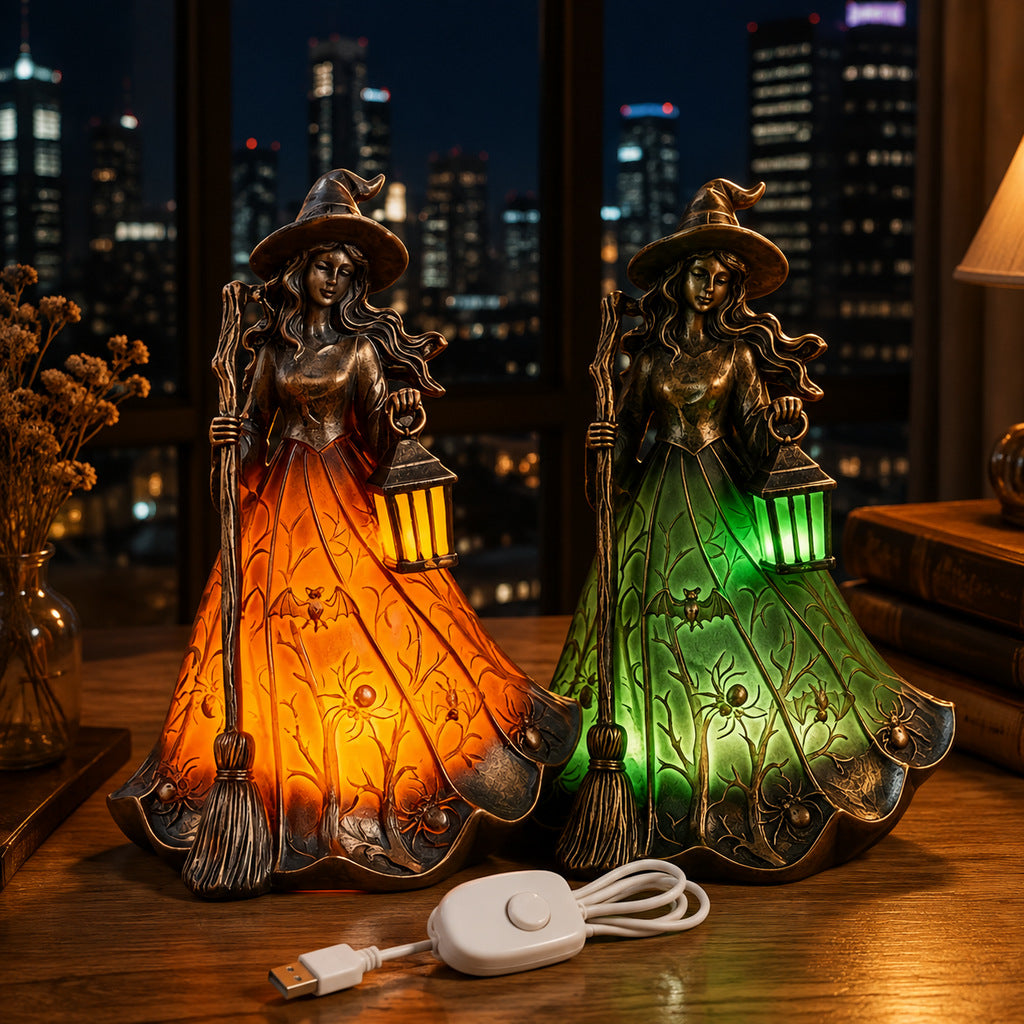 🧙‍♀️Halloween Witch Figurine LED Table Lamp, USB Powered Witch Statue Light for Halloween Tabletop Mantel Decor