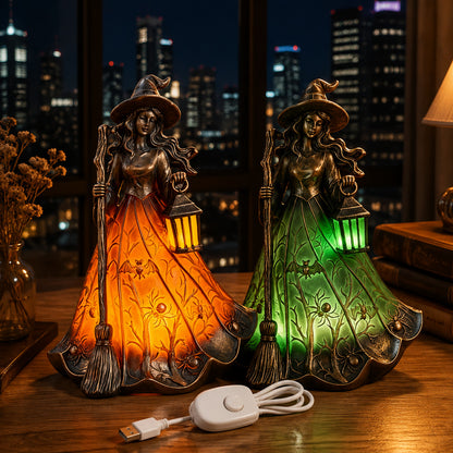 🧙‍♀️Halloween Witch Figurine LED Table Lamp, USB Powered Witch Statue Light for Halloween Tabletop Mantel Decor