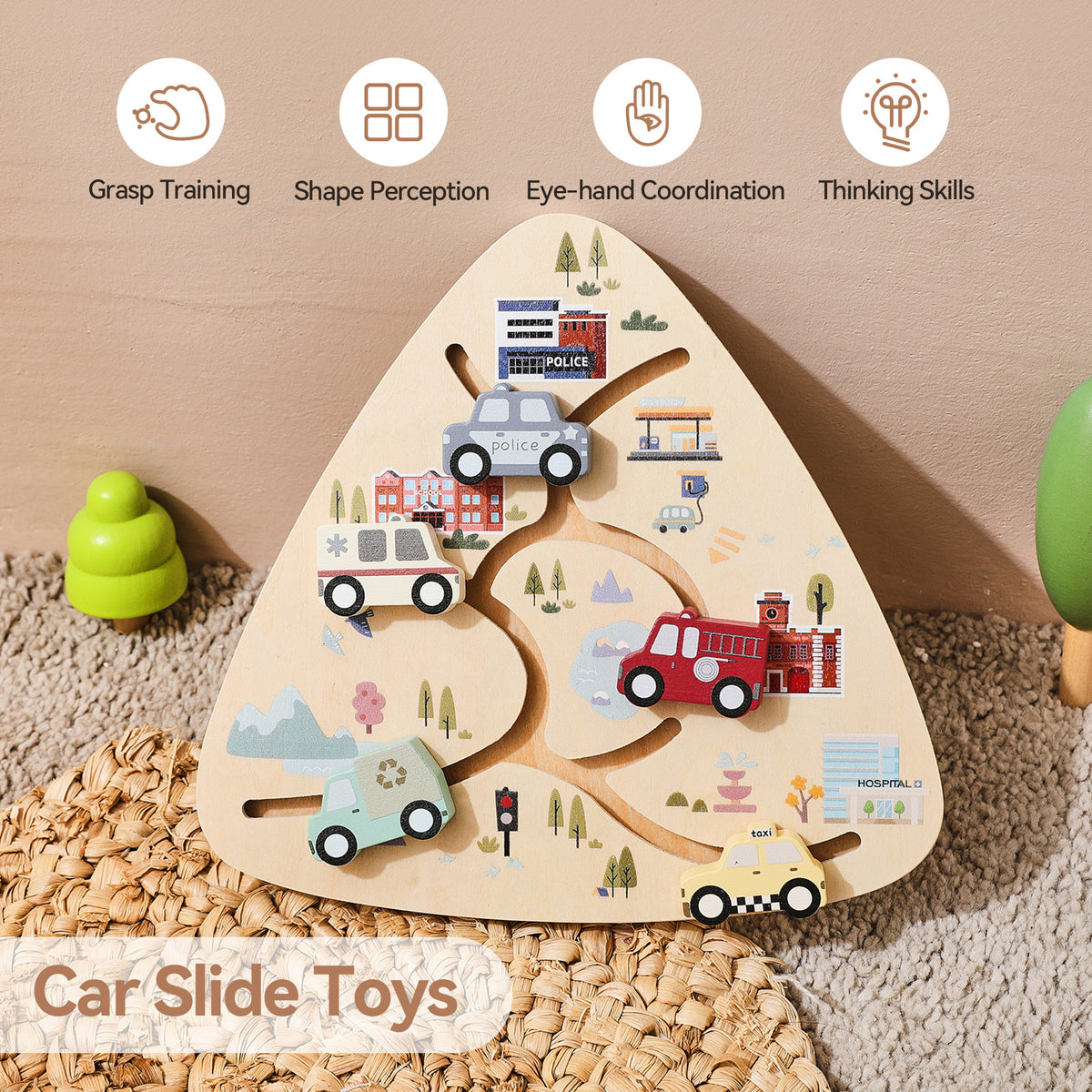 🏎️ Triangle Wooden Slide Car Puzzle for Toddlers
