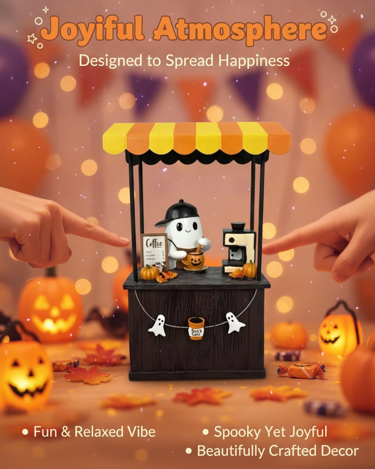 🎃 Cute Ghost Coffee Stand Figurine – Resin Halloweena Tabletop Decor with Mini Barista Bar, Perfect Fall Gift