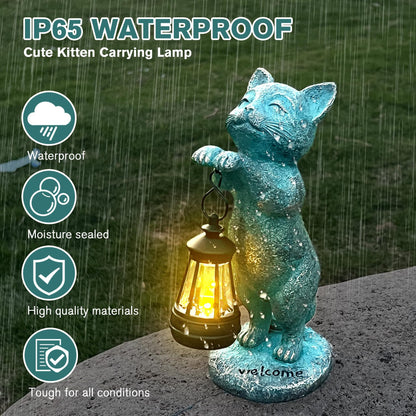 🐈 Solar Cat Statue Garden Decor 🏡 Waterproof Resin Kitten Figurine with Solar Lantern Outdoor Yard Porch Welcome Light