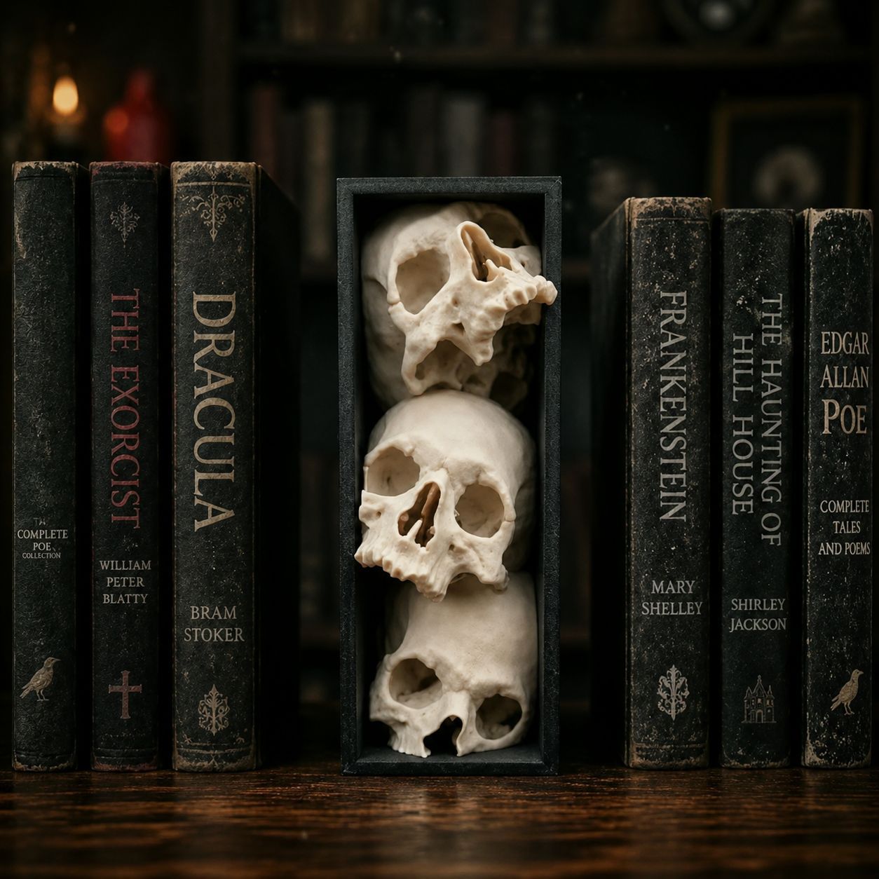🖤 Triple Skull Bookshelf Decor