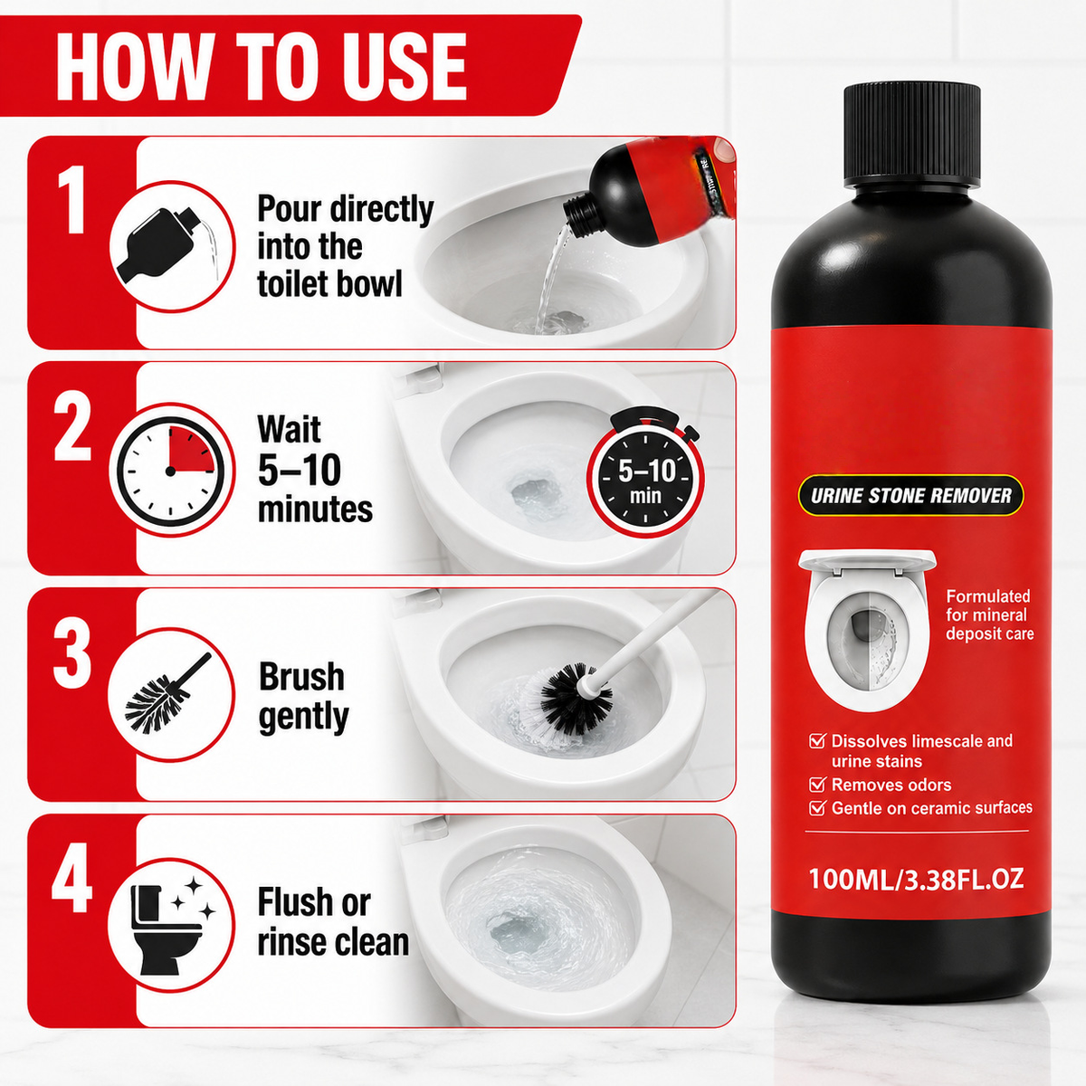 ✨🧪 Powerful Toilet Cleaner | Effortlessly removes years of urine stains and limescale—no strenuous scrubbing required.