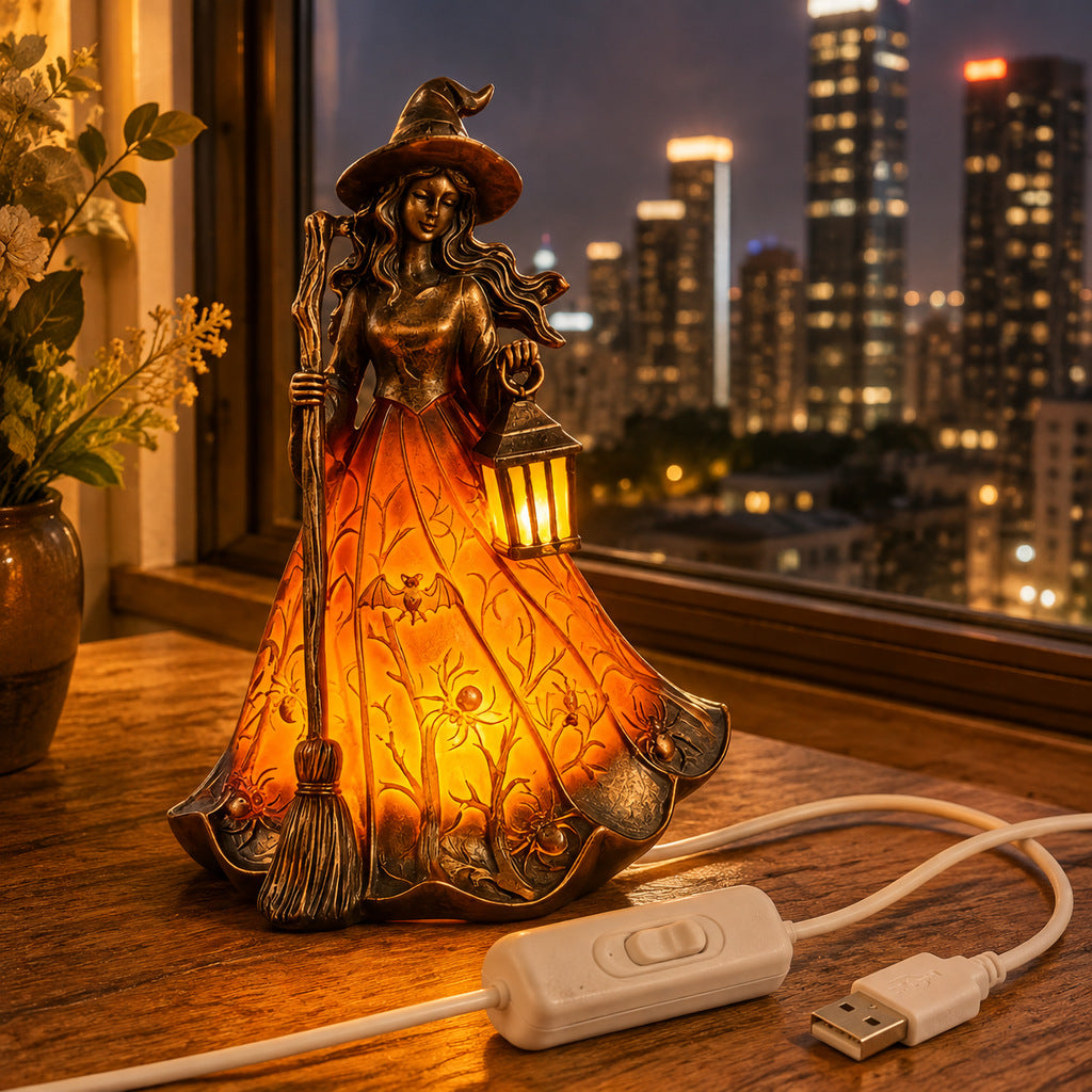 🧙‍♀️Halloween Witch Figurine LED Table Lamp, USB Powered Witch Statue Light for Halloween Tabletop Mantel Decor