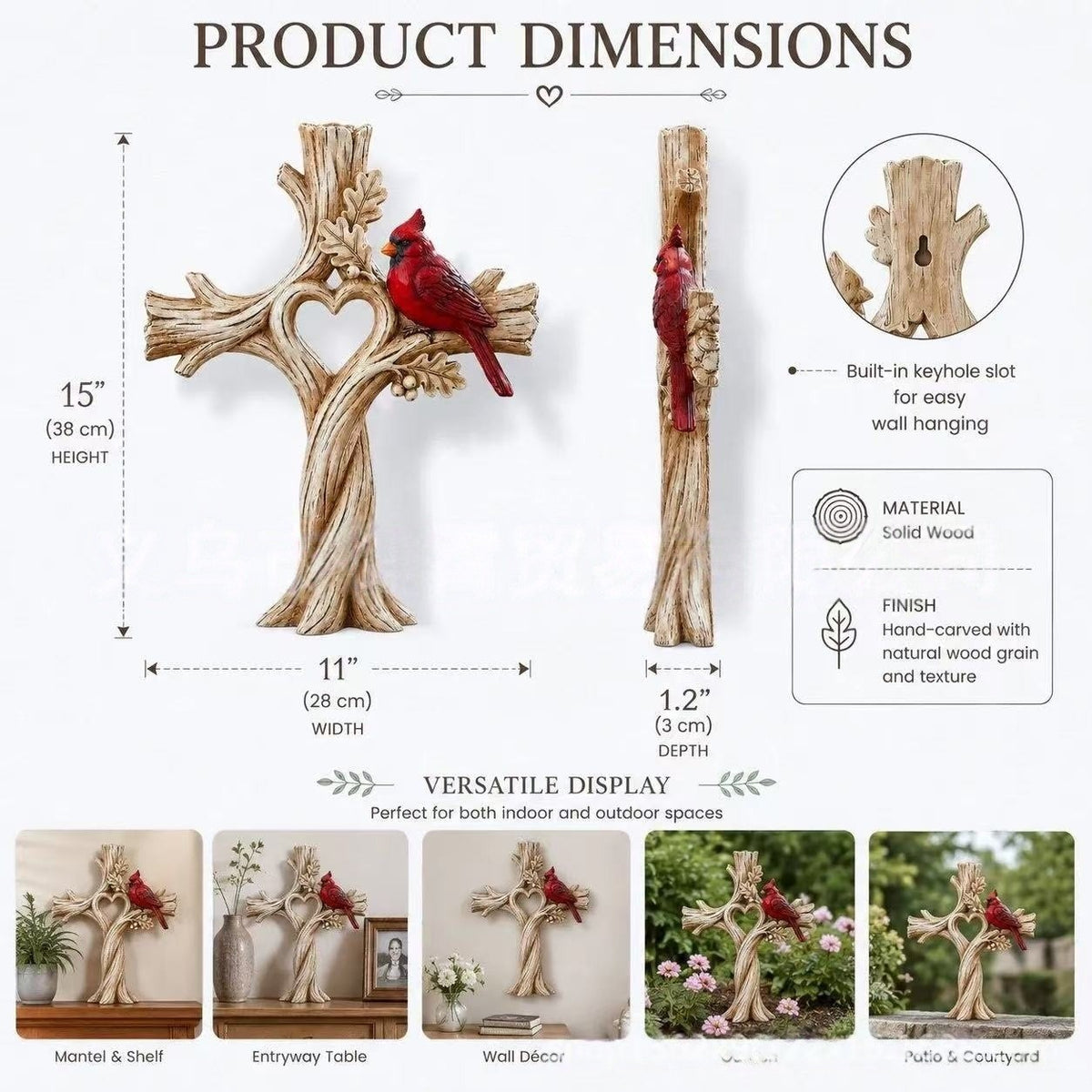 Cardinal Heart Tree Cross – Hand-Carved Solid Wood Decor Memorial Stake