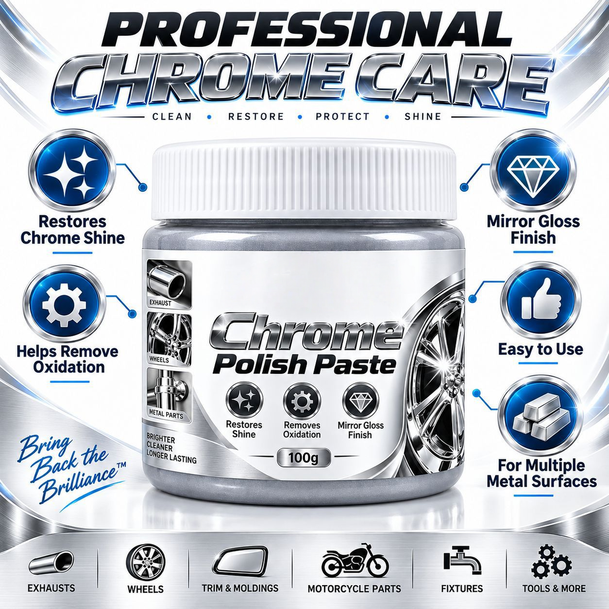 Chrome Polish Paste | Metal Polishing Cream for Chrome & Stainless Steel
