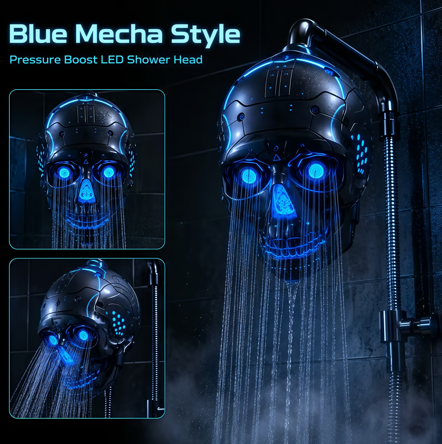 Cyber Mecha Skull Color Changing LED Pressure Boost Shower Head
