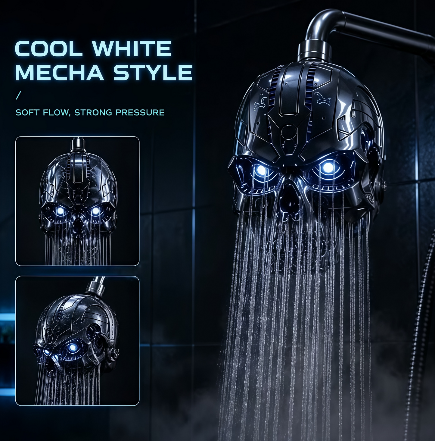 Cyber Mecha Skull Color Changing LED Pressure Boost Shower Head