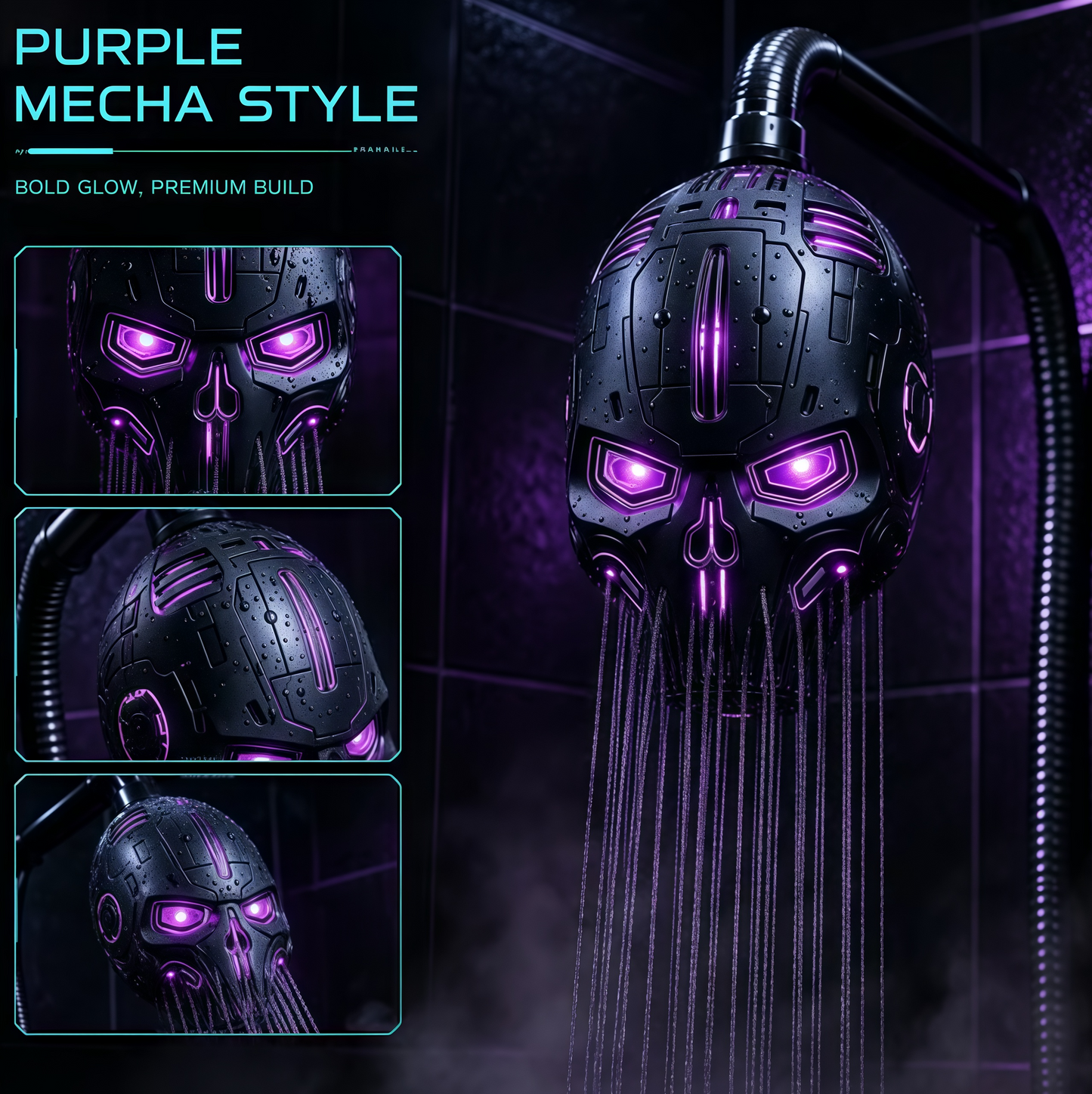 Cyber Mecha Skull Color Changing LED Pressure Boost Shower Head