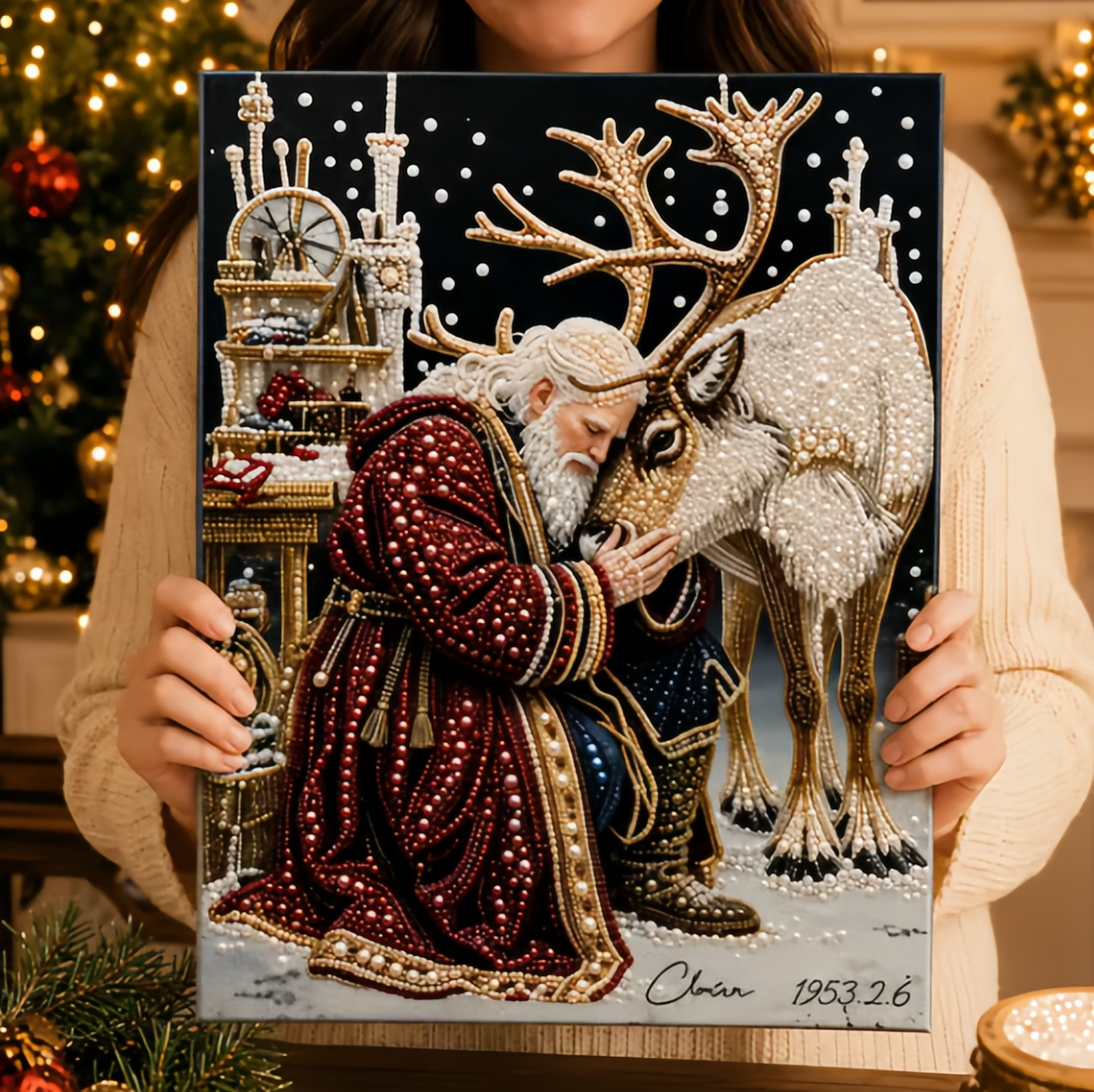 🎅🎄 Premium 3D Pearl Christmas Reindeer Diamond Painting Art Kit | Luxury Flocked Canvas with Scratch-Resistant Non-Fading Pearl Beads DIY Holiday Decor⛄️❄️