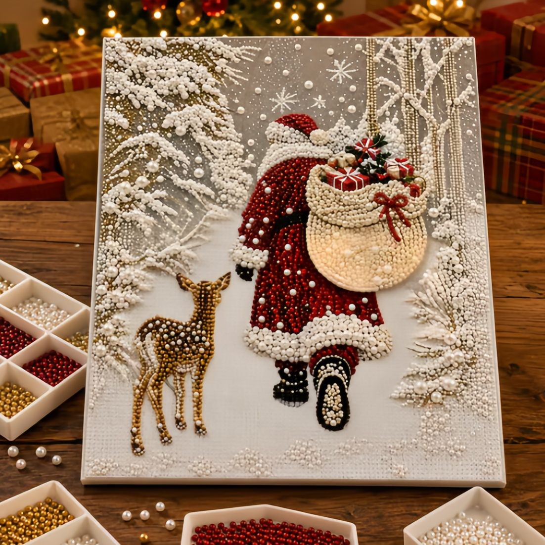 🎅🎄 Premium 3D Pearl Christmas Reindeer Diamond Painting Art Kit | Luxury Flocked Canvas with Scratch-Resistant Non-Fading Pearl Beads DIY Holiday Decor⛄️❄️