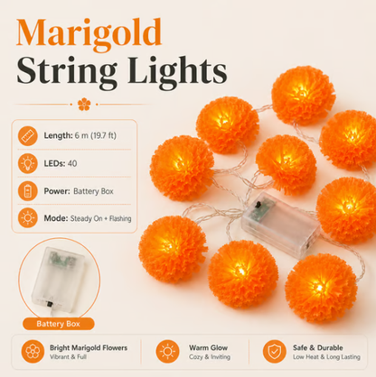🌼 LED Marigold String Lights — Brighten Every Festive Celebration! ✨