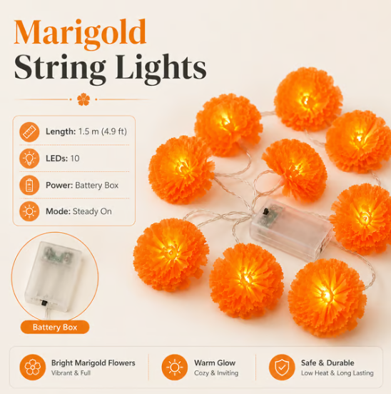 🌼 LED Marigold String Lights — Brighten Every Festive Celebration! ✨