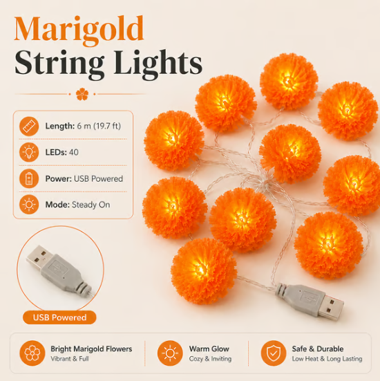 🌼 LED Marigold String Lights — Brighten Every Festive Celebration! ✨