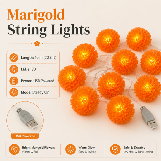 🌼 LED Marigold String Lights — Brighten Every Festive Celebration! ✨