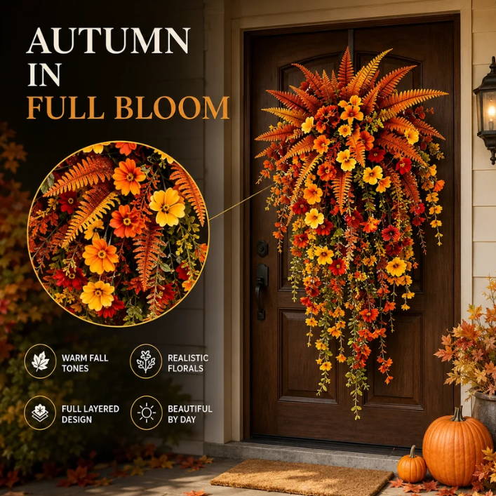 🍂 Artificial Fall Hanging Floral Swag | UV Resistant Autumn Orange Red Flower Garland