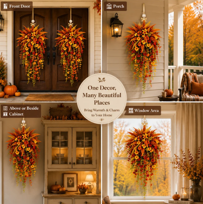 🍂 Artificial Fall Hanging Floral Swag | UV Resistant Autumn Orange Red Flower Garland