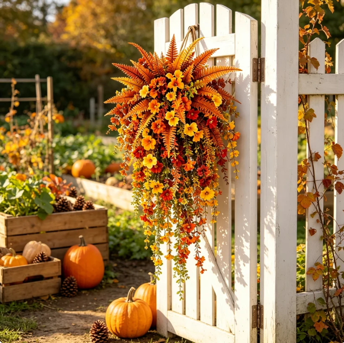 🍂 Artificial Fall Hanging Floral Swag | UV Resistant Autumn Orange Red Flower Garland