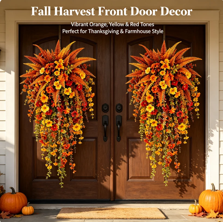 🍂 Artificial Fall Hanging Floral Swag | UV Resistant Autumn Orange Red Flower Garland