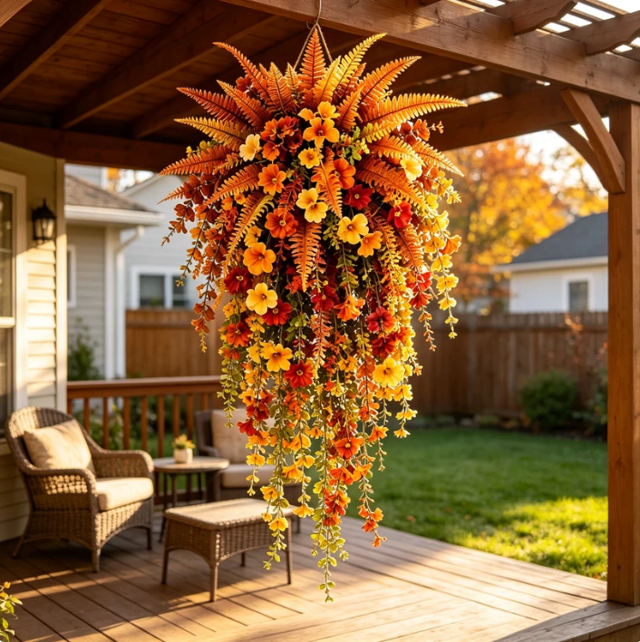 🍂 Artificial Fall Hanging Floral Swag | UV Resistant Autumn Orange Red Flower Garland